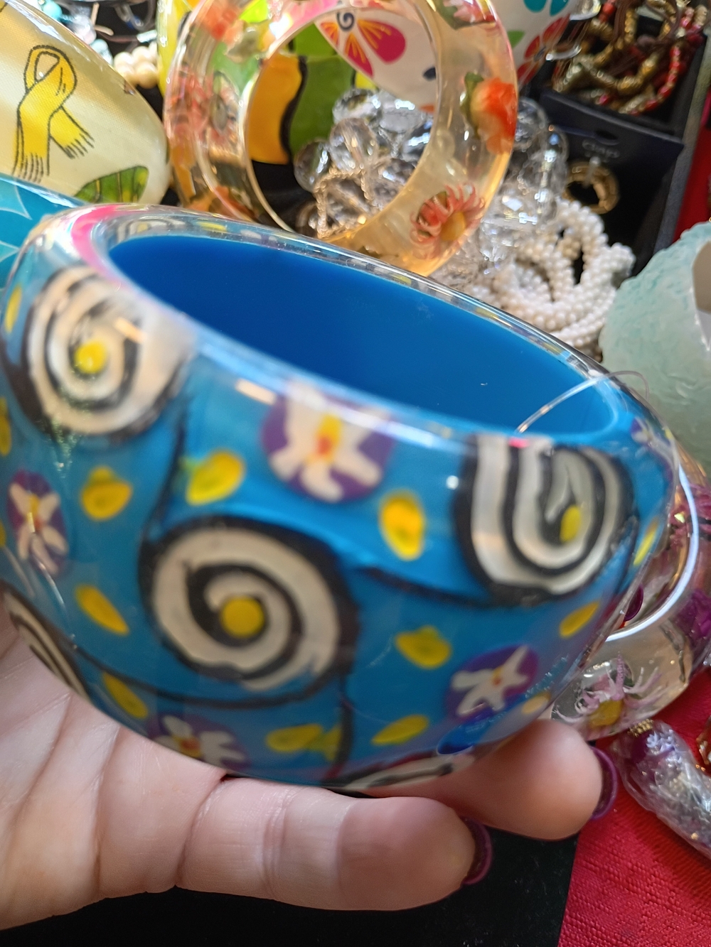 Blue Floral Swirl Ceramic Bangle Bracelet - Unbranded